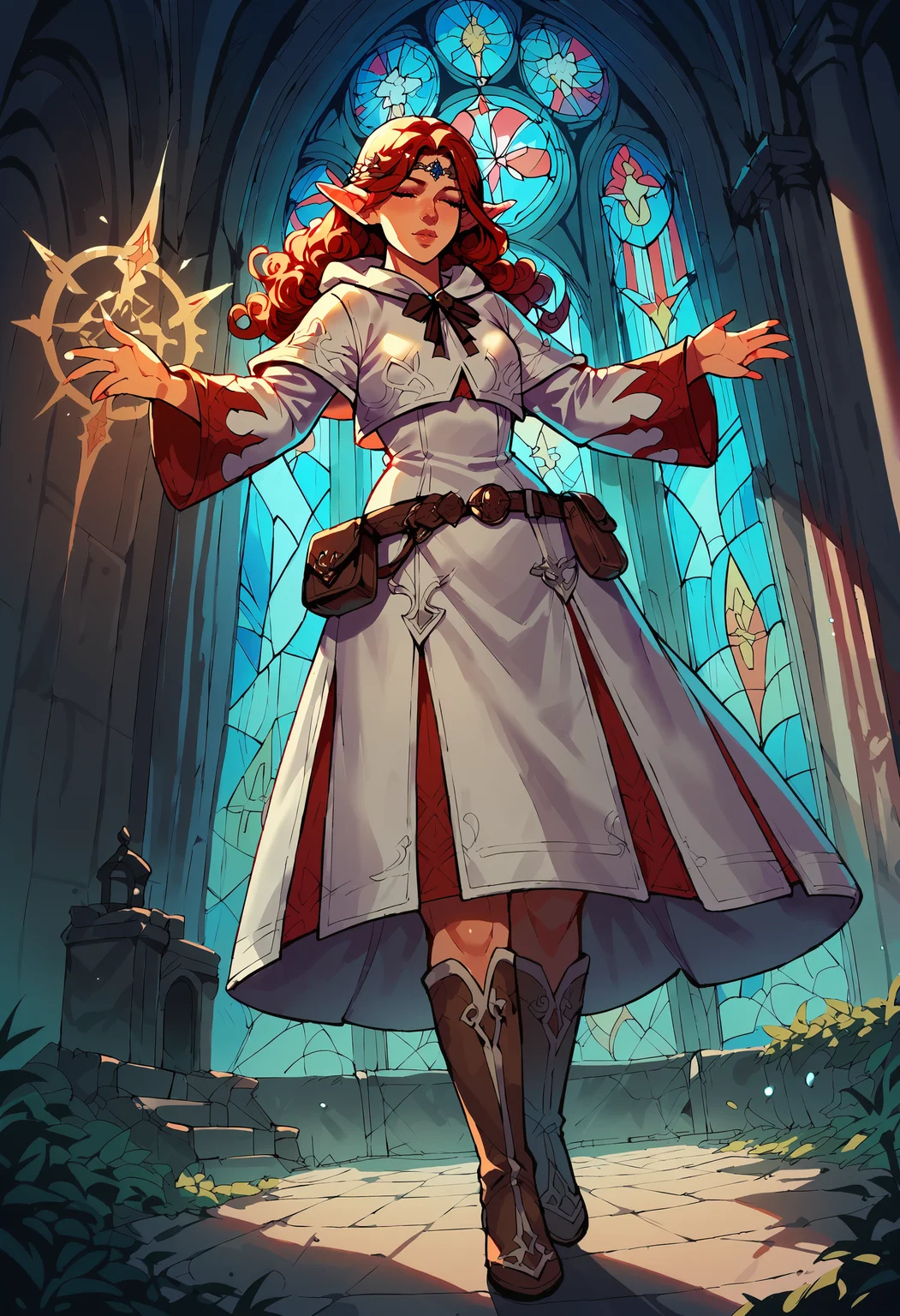 score_9, score_8_up, score_7_up,  1girl,  church, stained glass, spread arms,  floating, floating hair, from below, <lora:White_Mage:.75> white mage, boots, belt, hood, pouch, robe, belt pouch, circlet, elf, pointy ears, red hair, curly hair, long hair, casting spell,  hands glowing