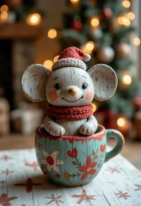 A high-quality, close-up photograph of a ck-owct style hand-painted wooden christmas toy featuring an elephant sitting in a porcellain cup