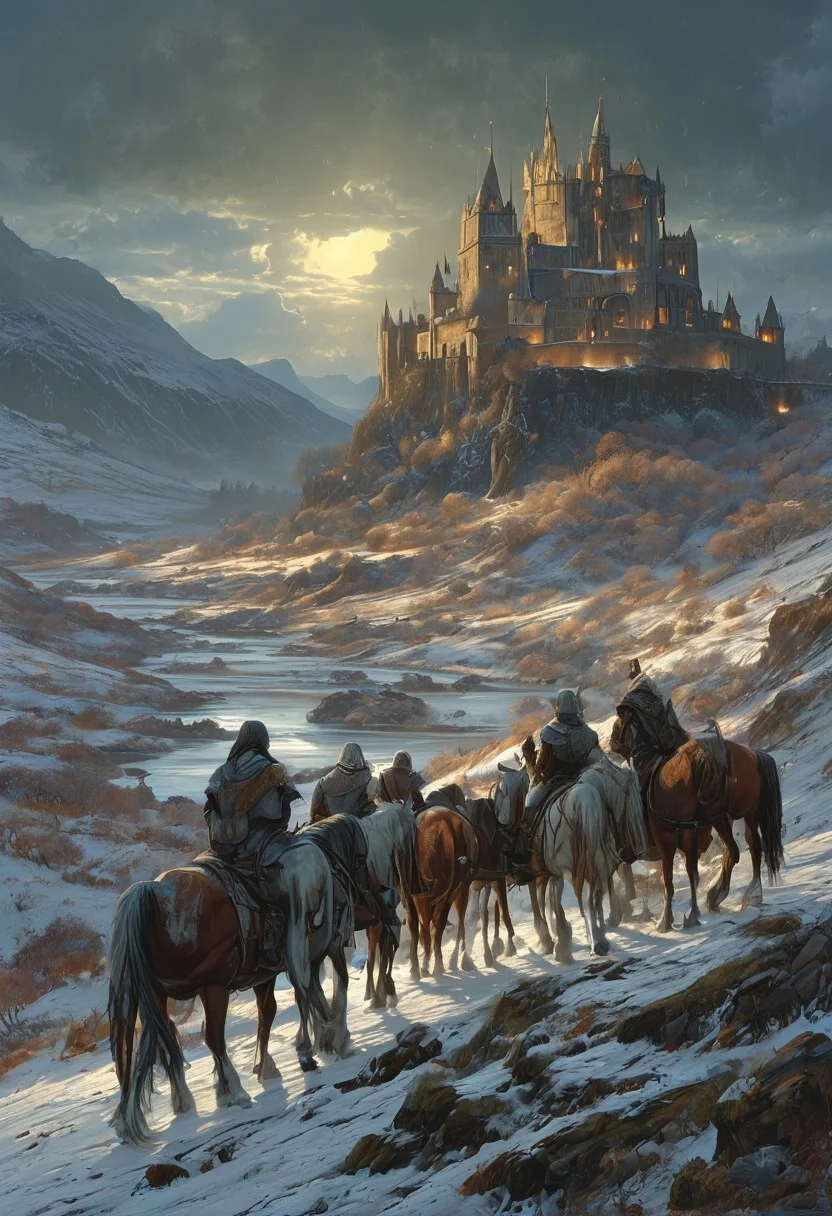 A captivating night scene illustration featuring Camelot in winter on large  hill overlooking a lake in Wales.   Camelot ancient but well maintained and updated and comfortable to live in.  This enchanting artwork captures a serene and peaceful early morning, where the sun is just starting to rise over the beautiful hills and Camelot  which   stands resolute amidst snowy  hills of Wales, brave knights ride out mounted on horses and clad in protective armor,  creating a cinematic experience back to the times of King Arthur and his knights, 
 illustration, cinematic
<lora:DonM3t3rn1tyXL-v1.1:0.7>, DonM3t3rn1tyXL,
OverallDetailXL  <lora:MJ52:0.3>  <lora:SDXLFaeTastic2400:0.4>  <lora:EpicF4nta5yXL:0.7>