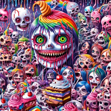 Lisarank, creepy cupcake with scary mouth looming over anime girls at a birthday party, skulls and cake, rainbows, cute, high quality, high resolution,