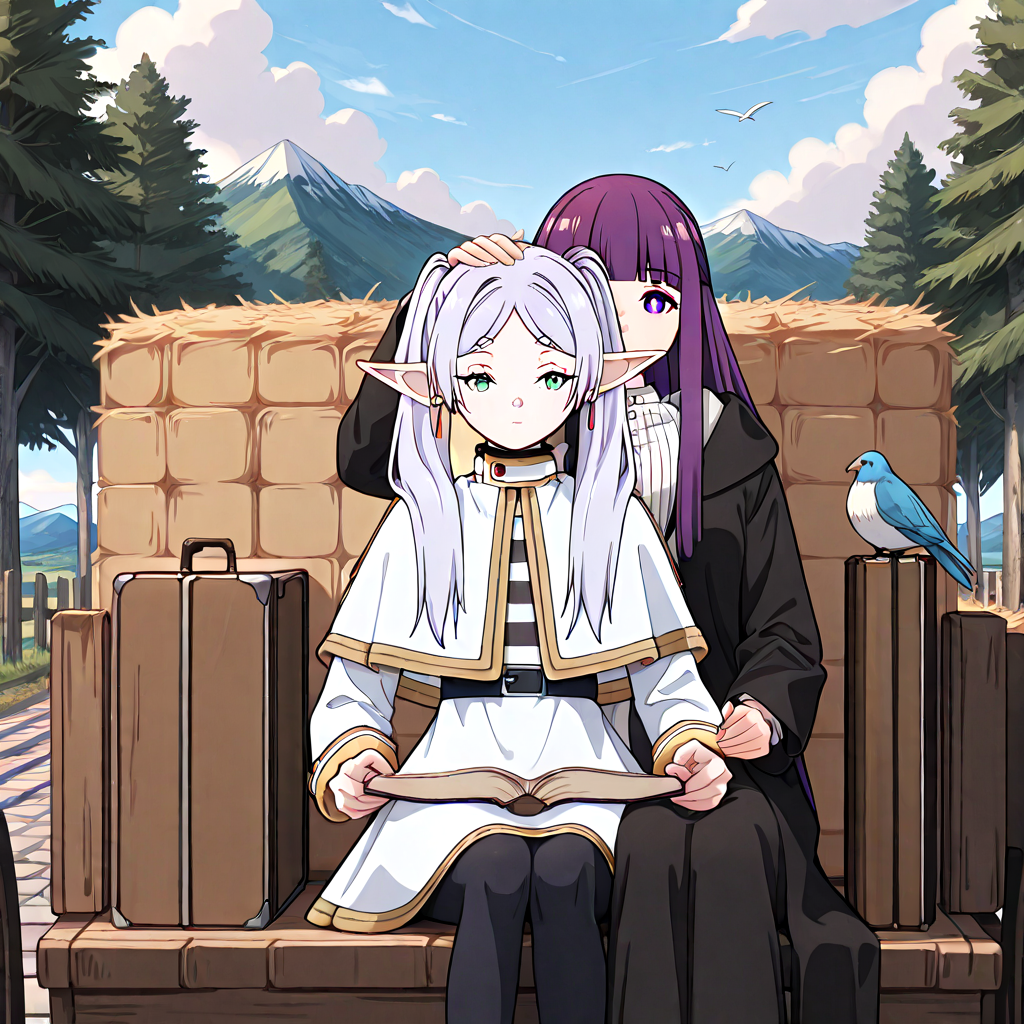absurdres, sensitive, 2girls, frieren, fern, sitting, hay cart, hay, wagon, elf, grey hair, twintails, capelet, black pantyhose, purple hair, long hair, straight hair, white dress, long sleeves, robe, open book, holding book, suitcase, sky, cloud, tree, rural, fence, mountain, stone road, hand on another's head, headpat, bird, upper body, close-up, female hand, <lora:haycart_ilxl:1>