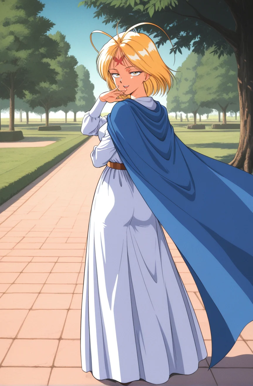 1girl,kznk1sidnpaf1o,retro artstyle,1990s \(style\), solo,sanpaku, constricted pupils,yellow eyes,half-closed eyes , antenna hair,blonde hair, short hair,red_butterfly_forehead_mark,facial mark,medium breasts,blue cape,long sleeves,long skirt,white dress,outdoors,,tree,park,fantasy,pov ,looking at viewer,,full body ,light smile ,,ojou-sama pose ,open mouth ,from behind ,best quality,masterpiece,sensitive , <lora:KazenokishidanPafioNoobAI2:1>