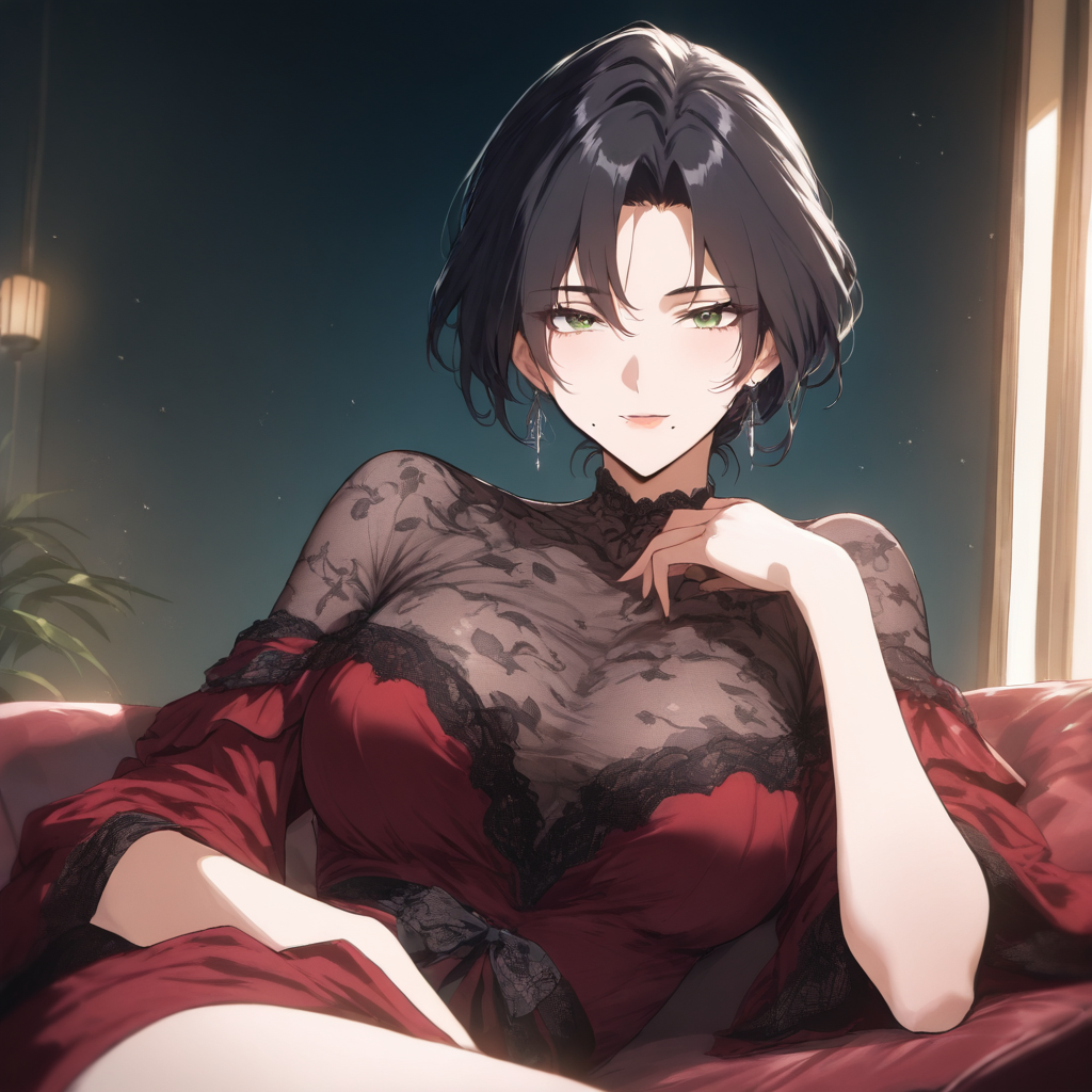 solo,looking at viewer,masterpiece,high score,great score,absurdres,black lace red dress,<lora:Kyoko ag4o:1> kyoko, black hair, short hair, green eyes, mole under mouth, mature_female,