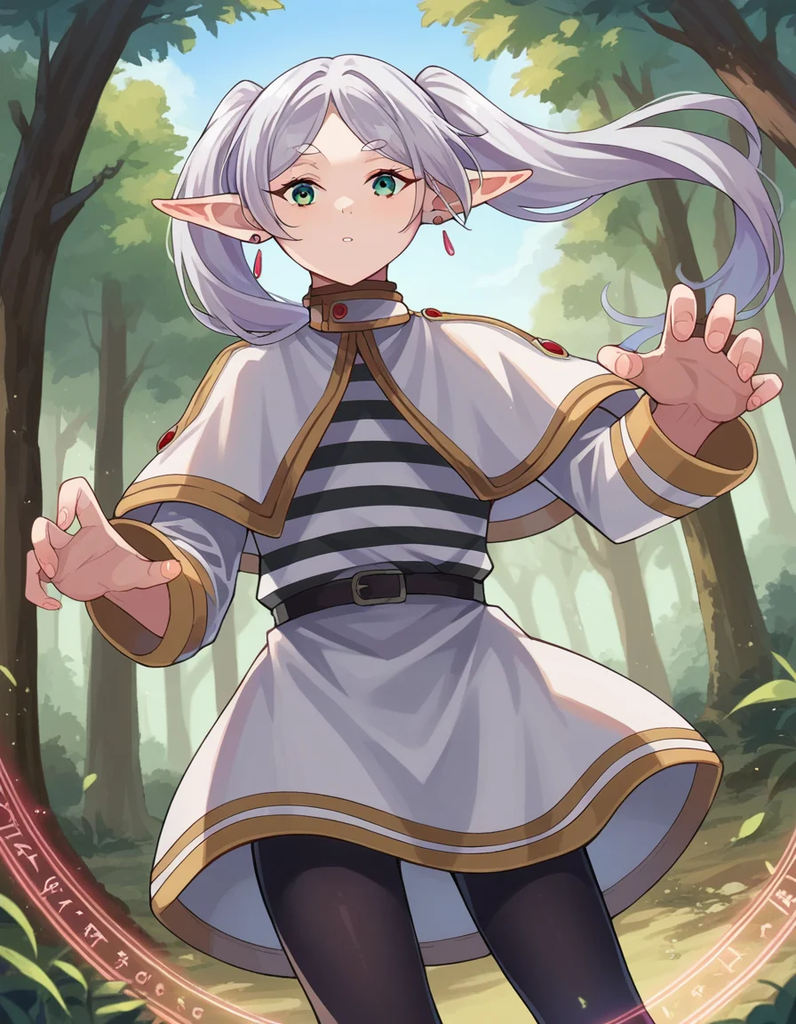 score_9, score_8_up, score_7_up, source_anime,
frieren, <lora:frieren-ponyxl-lora-nochekaiser:1>,
frieren, long hair, twintails, green eyes, grey hair, pointy ears, elf,
shirt, long sleeves, jewelry, pantyhose, earrings, striped, black pantyhose, capelet, striped shirt, skirt, white skirt,
outdoors, forest, nature, fighting stance, magic, magic circle,
looking at viewer, cowboy shot, dutch angle, dynamic pose,