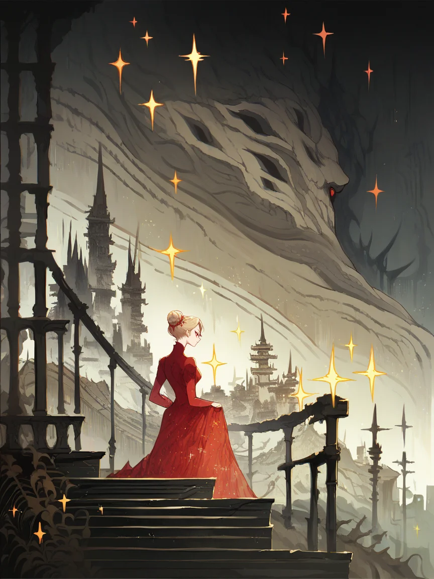 score_9, score_8_up, score_7_up, score_6_up, score_5_up,   <lora:kuriXLP:1> kuri, surreal, red eyes, skirt, single hair bun, dress, stairs, architecture, sparkle, 1girl,