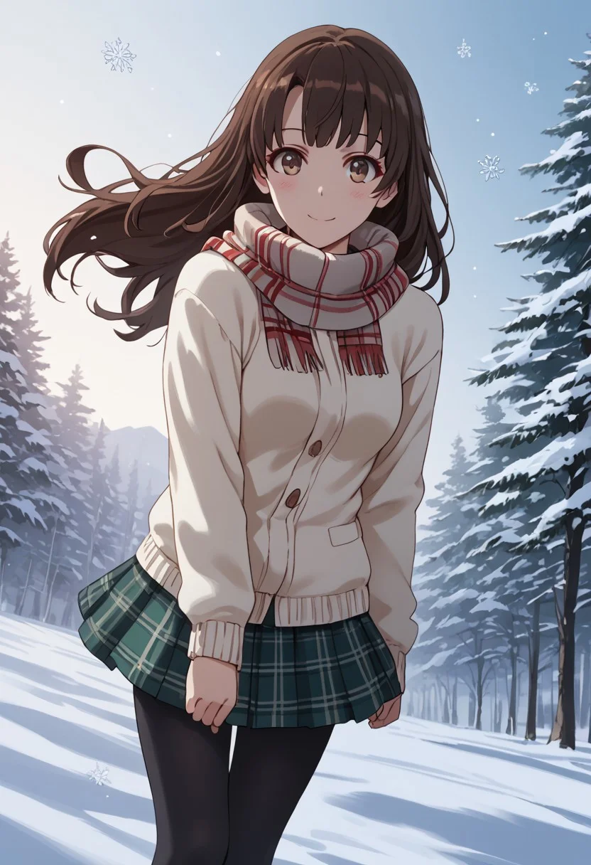 score_9, score_8_up, score_8, score_7_up, score_7, source_anime,
1girl, katou megumi, Megumi <lora:KatoMegumi:1>,brown hair,katou megumi,brown eyes, medium breasts , long hair, masterpiece, best quality, winter theme, snowy background, cozy knitted sweater (cream), plaid scarf (red and green), long wool skirt (navy), black tights, snow boots, light blush on cheeks, snowflakes in hair, snow-covered pine trees in the background, soft and diffused lighting, slight smile, warm and cozy atmosphere, over-the-shoulder perspective, muted pastel color palette, cinematic framing, fine details dynamic angle, dynamic pose, looking at viewer