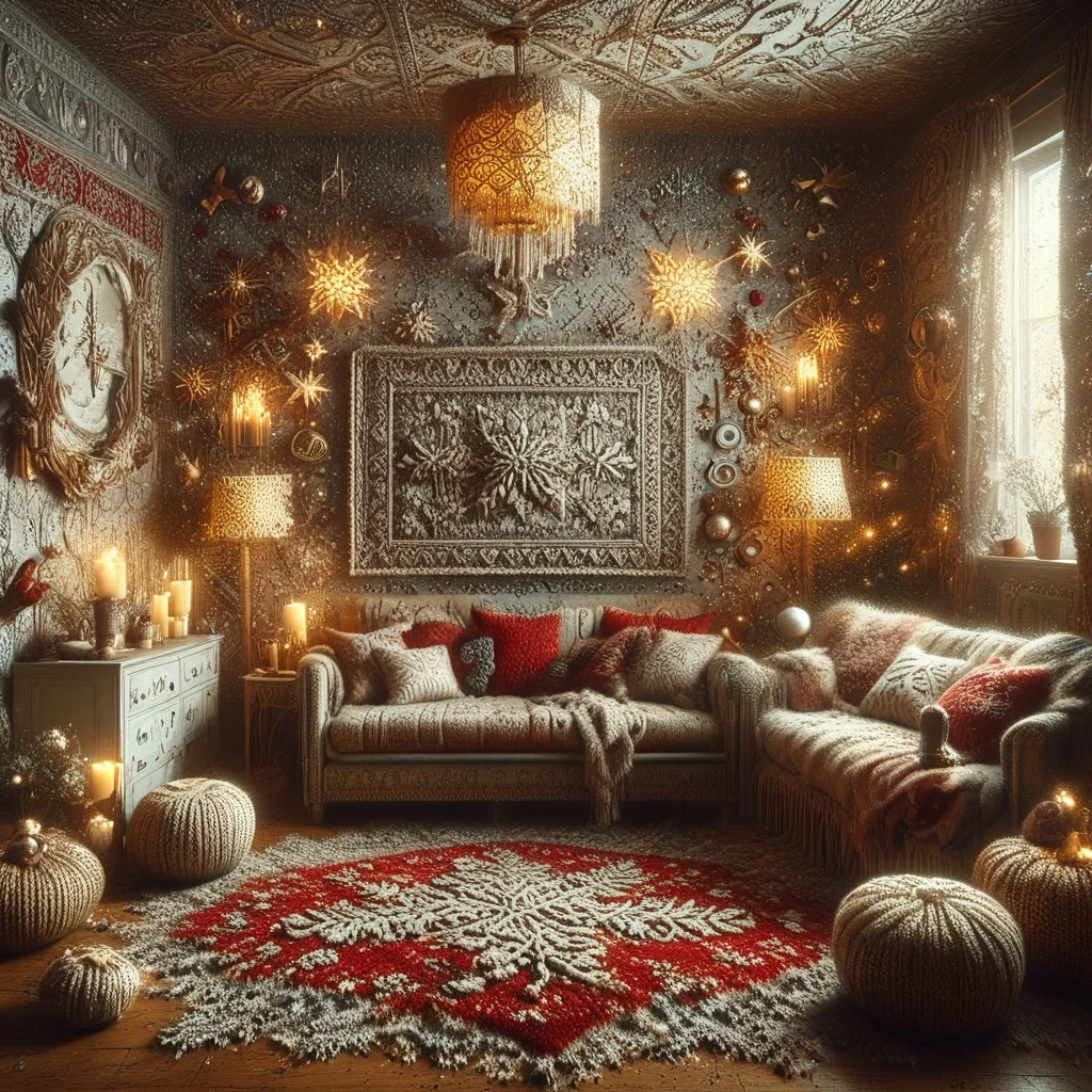 hyper detailed, cozy room, walls ChristmasSweater, midjourneyv6.1