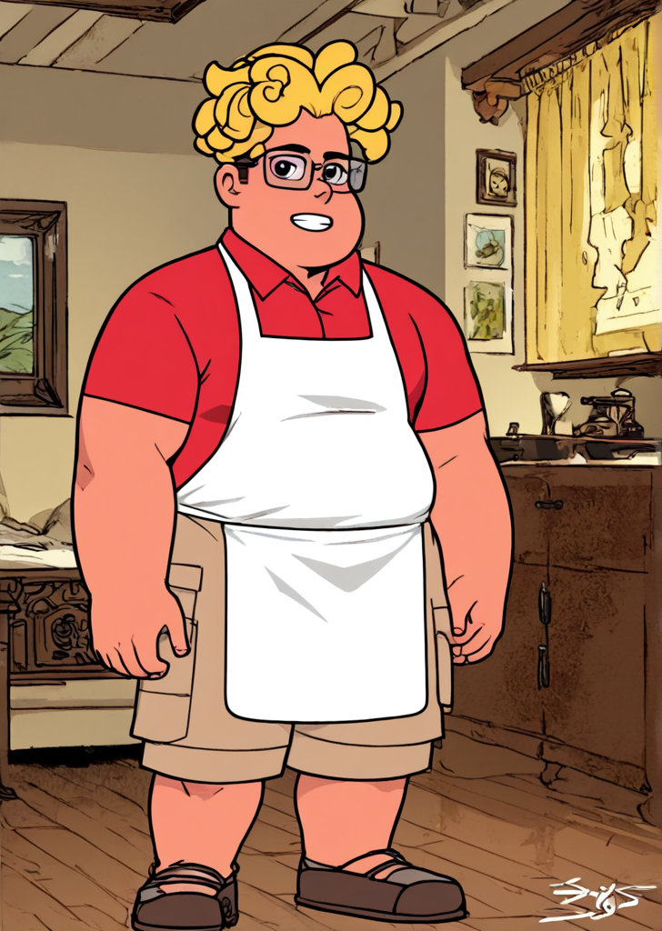 1boy, solo male, front view , looking at the viewer, full body, khaki shorts, white apron, red shirt,
<lora:ronfryman:0.7> ronfryman, ronaldo fryman, long curled hair, blonde, chubby, masculine, male, glasses, fat,, ,score_9, score_8_up,, <lora:pepelarrazstylexl:0.5> pepelarrazstylexl, comic book style, art by jonathan hickman, 2d art,<lora:Pepe_Larraz-000006:0.5> pepe larraz style, pepe larraz, art by jonathan hickman, 2d art,, <lora:Expressive_H:1> Expressiveh, <lora:add_details_xl:1> more detail, <lora:WildcardX-XL-Detail-Enhancer:1>