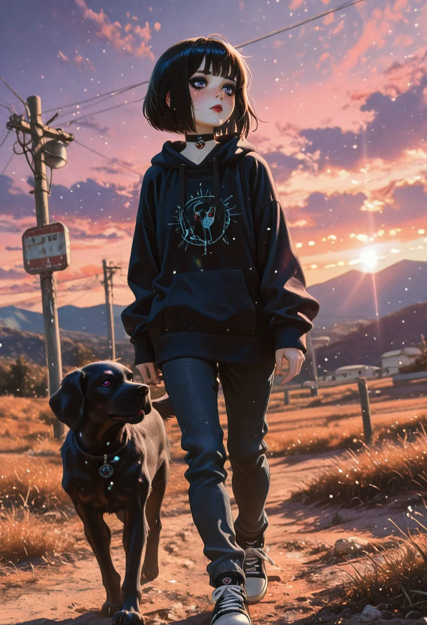 (ground level shot) [cinematic], VHSfootage, 80s Fantasy Movie Still, [photo in phst artstyle], polaroid photo, lens flare, film grain, chromatic aberration, a young beautiful woman 18 year old [doomer girl], walking on a dirt road, dog, eastern europe, during late autumn sunset, orange purple clouds, old subsation transformer, concrete bus stop, suburbs (apartment block flats) in the distance, wearing black hoodie, black choker, black jeans,  hourglass slender figure,converse sneakers, short black hair bob, winged eyeliner, shining blue eyes, dark eyeshadow, parted red lips, relaxed, dreamy,  melancholic, goosebumps, freckles, soft blush, glitter on cheeks, dark goth makeup, upturned nose, messy bangs, pale complexion, subsurface scattering, hdr, highres,  best quality,masterpiece,amazing quality,   very aesthetic , Kodak Motion Picture Film Style, dynamic pose, (dutch angle:1.2), awa, light particles, depth of field, (dystopia:0.5),  <lora:add-detail-xl:0.5>
 <lora:- iLL - the_edgy_mech_V3.0(illustr anime):0.6>
 <lora:HyperdetailedColoredPencilIl:0.5>  ArsMJStyle, hyperdetailed realism, Makoto Shinkai, Ridley Scott,