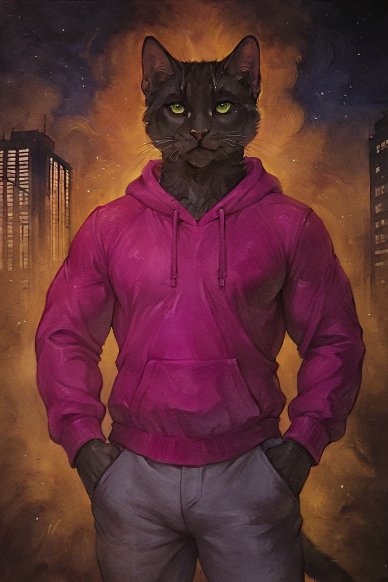 masterpiece, best quality, highres, newest, traditional media, realistic, watercolor \(medium\), anthro, furry, black cat, cat, black fur, green eyes, pink hoodie, grey pants, muscular, 1boy, solo, male focus, mature male, looking at viewer, cowboy shot, standing, outdoors, city, building, night, night sky, dark background <lora:OIS - Red Lion [LoRA] - NoobAI-XL EPS 1.0:0.8>