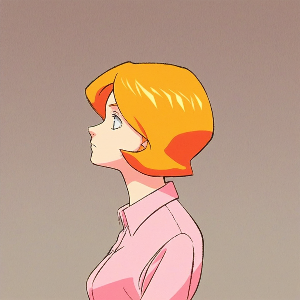 score_9, solo, lindsey_thorndyke, orange hair, short hair, pink collared shirt
