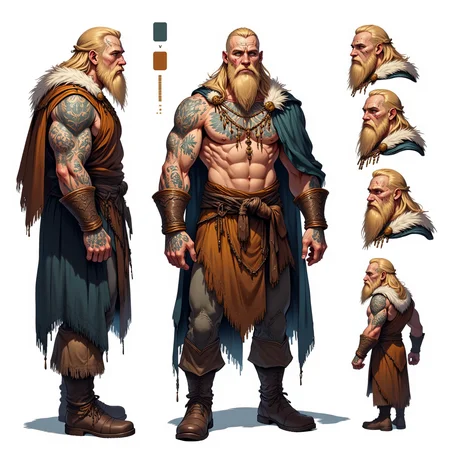 CharacterDesignFLUX,reference sheet,white background,simple background,multiple views, upper body, front, from side, color palette reference, high_detailed, captured in high detail, muscular Viking man with war tattoos, blonde with scar on his face, multiple bone ornaments on clothing, primitive winter clothing, leather boots, magic particles, multiple references