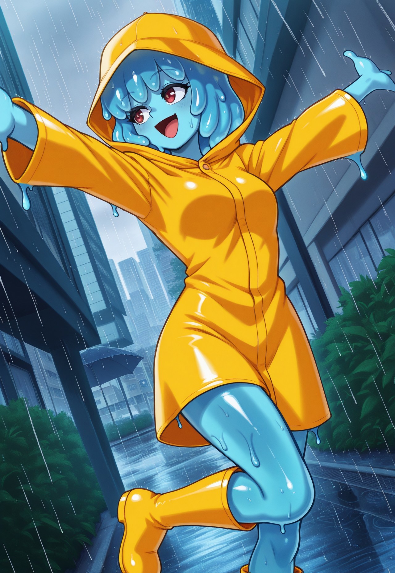 masterpiece, best quality, 1girl, solo, absurdres, 1girl, lordguyisstyle, slime girl, blue skin, outdoors, rain, city, dynamic pose, arms out, on one leg, dutch angle, smile, open mouth, looking to the side, yellow raincoat, rain hat, rain boots,