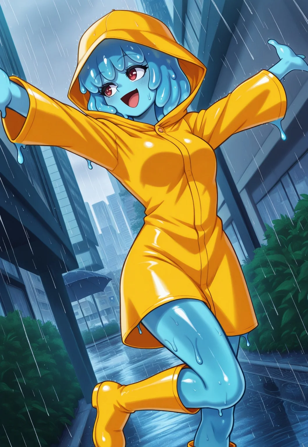 masterpiece, best quality, 1girl, solo, absurdres, 1girl, lordguyisstyle, slime girl, blue skin, outdoors, rain, city, dynamic pose, arms out, on one leg, dutch angle, smile, open mouth, looking to the side, yellow raincoat, rain hat, rain boots,