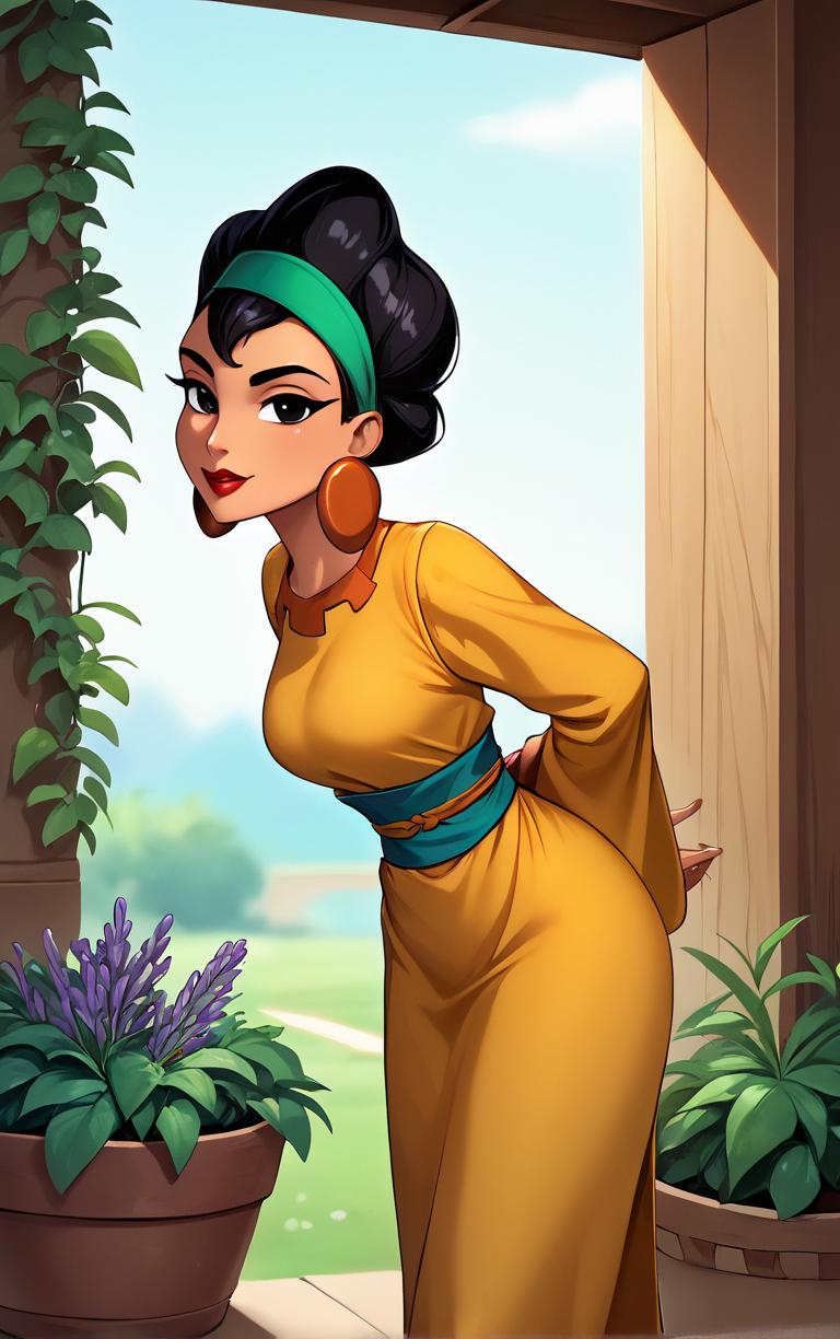 score_9, score_8_up, score_7_up, score_6_up, looking at viewer,  BREAK
MainOutfit_EmprorerGroove_Chicha_ownwaifu, 
1girl, black hair, dark-skinned female, jewelry, black eyes, makeup, lipstick, short hair, headband, hairband, red lips, hair bun, breasts, hoop earrings, single hair bun,
yellow dress, long sleeves, wide sleeves, japanese clothes, belt, orange dress, sash, 
(leaning forward, arms behind back), cowboy shot, garden, wisteria, outdoors, <lora:PONYXL_EmprorerGroove_Chicha_ownwaifu:0.85> , depth of field, solo,
