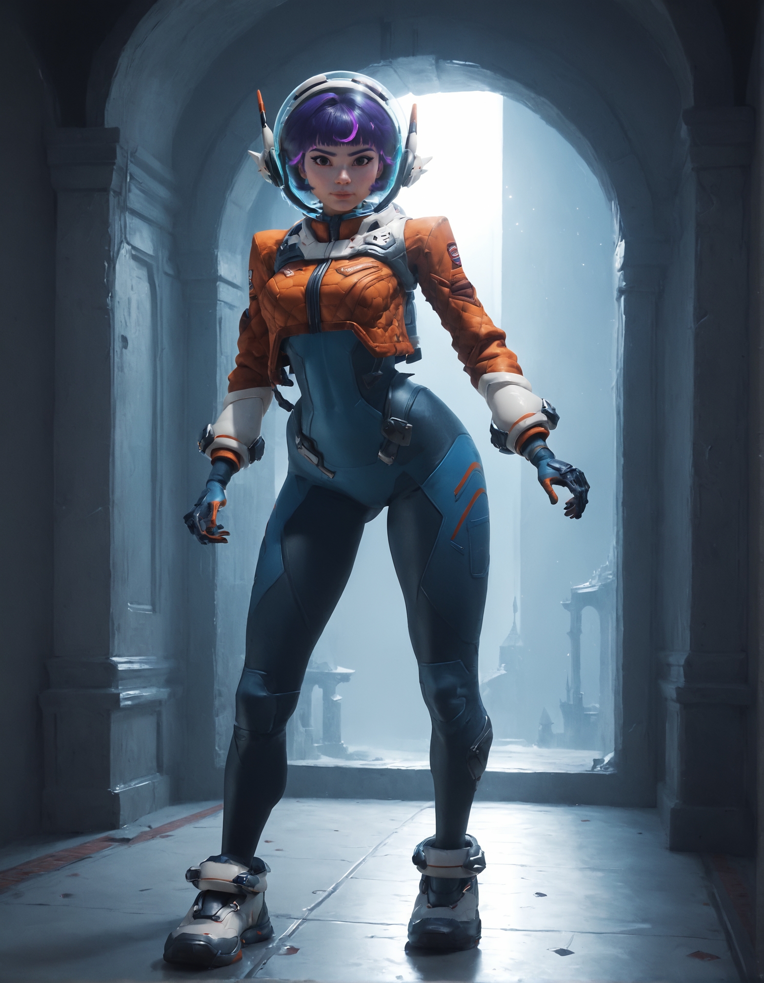 score_9, score_8_up, score_7_up,score_6_up,high resolution,jn0,1girl,castle,short hair,purple hair,spacesuit,space helmet,jetpacket,gloves,shoes,volumetric lighting,rim lighting,dof,dramatic shadow,looking at viewer,full body,dynamic pose,looking at viewer,from behind,standing