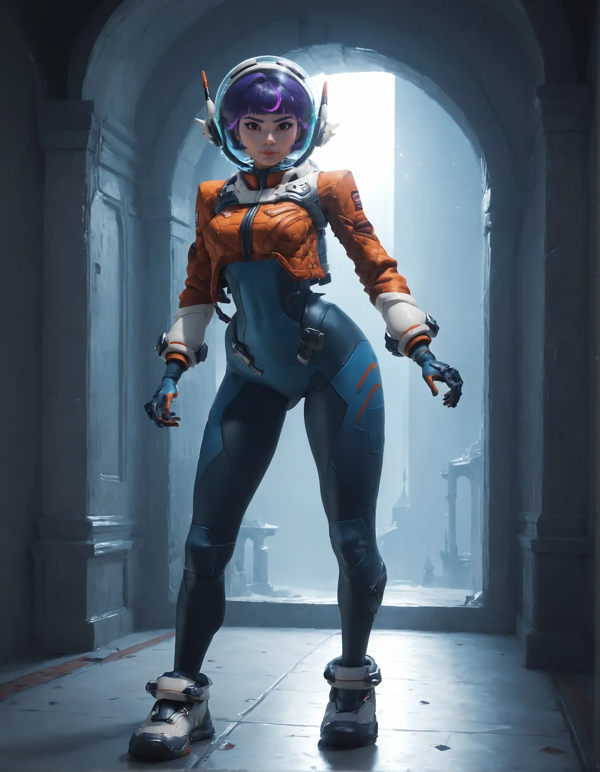 score_9, score_8_up, score_7_up,score_6_up,high resolution,jn0,1girl,castle,short hair,purple hair,spacesuit,space helmet,jetpacket,gloves,shoes,volumetric lighting,rim lighting,dof,dramatic shadow,looking at viewer,full body,dynamic pose,looking at viewer,from behind,standing