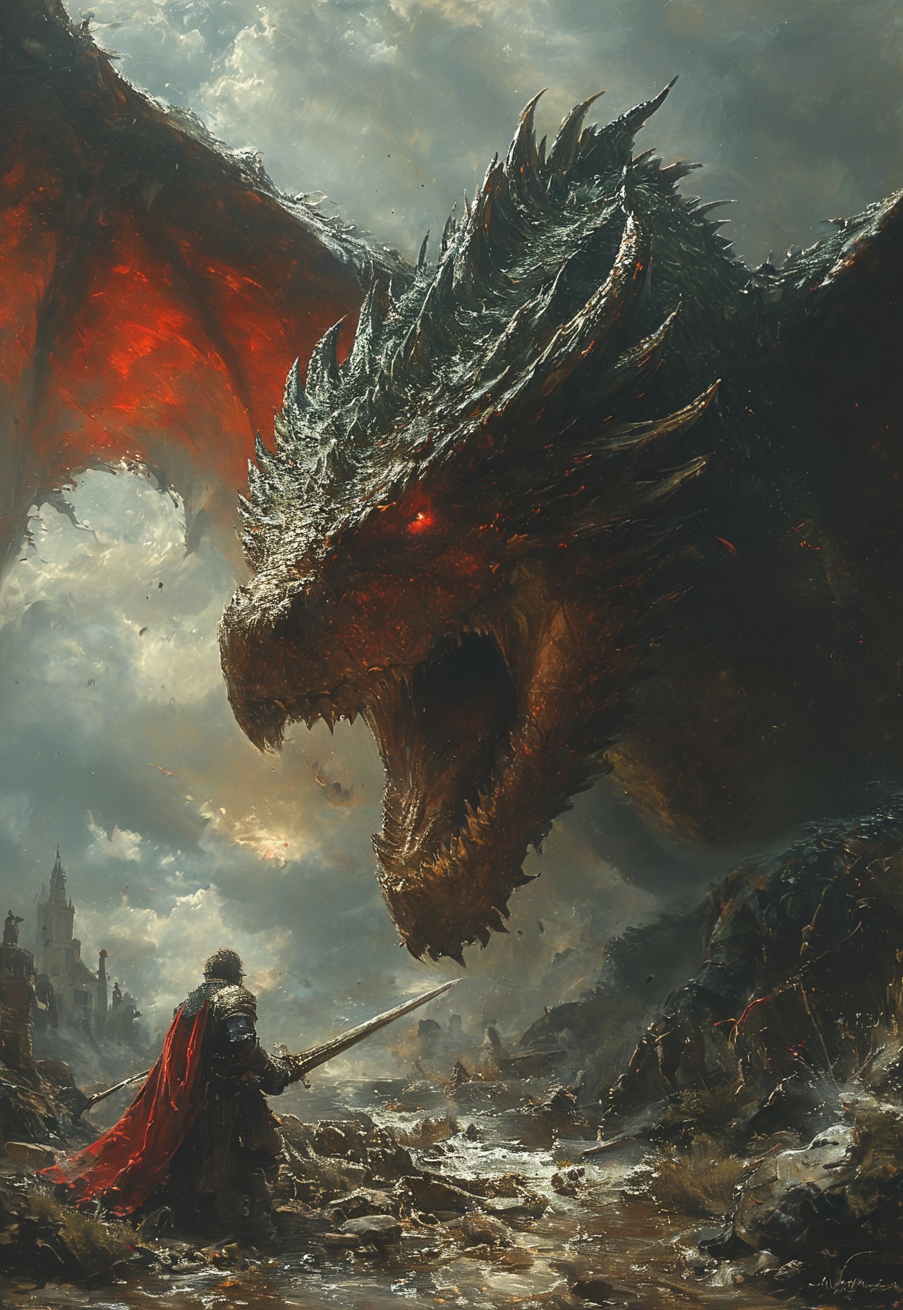 cinematic giant dragon fighting medieval like dressed men, red eye, detailed eye, vibring color, style of Andreas Achenbach, monet,  oil painting