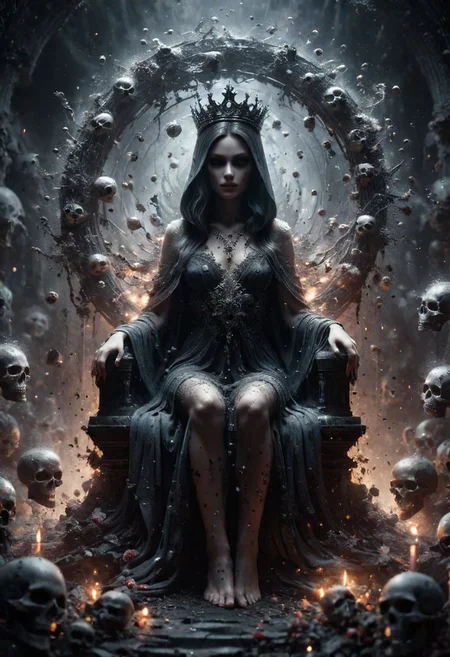 Digital art, concept art. the Queen of the Undead sits upon a Throne of skulls in a gloomy realm. Clad in dark toga with silver ornaments and draped in canvas hoods, she exudes both seduction and danger. Faded flowers surround her, contrasting with her chilling presence. A glowing magical circle pulsates at her feet, bending the elements to her will. Her eyes, twin orbs of ethereal radiance, convey a depth of darkness and power that warns of impending doom to all who dare oppose her. Bokeh blur. Colorful. BadDream, DEVIL SPAWN, ais-darkpartz, OverallDetail,