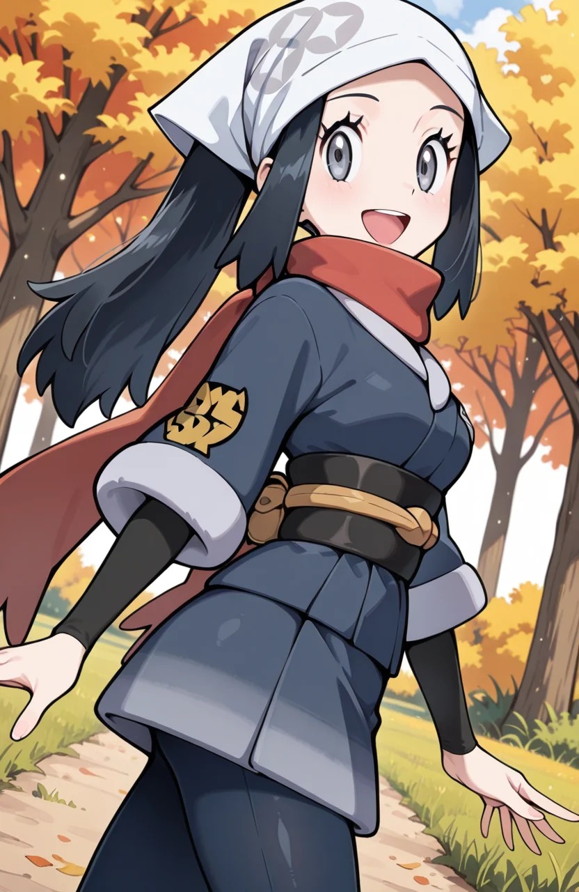 masterpiece, best quality, newest, (sugimori ken \(style\):0.5), pokemon screencap, 1girl, <lora:Akari_-_Pokemon_Illustrious:1>, akari, grey eyes, eyelashes, black hair, long hair, head scarf, galaxy expedition team survey corps uniform, scarf, white headwear, pantyhose, sidelocks, jacket, red scarf, sash, skirt, perfect eyes, breast, shiny skin, smile, open mouth, looking at viewer, grass plain, autumn, trees, forest, scenery, erotic, side view, dynamic angle, perfect anatomy