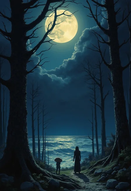dark theme, otherworldly theme, masterpiece of deviant art, dark illustration, 8k. Metacollapse, digital painting, high quality, the darkest and longest night of the year, style by Ralph Blakelock, Ed Emshwiller, Marianne Wroten, Arthur Rackham, Niko Anttila