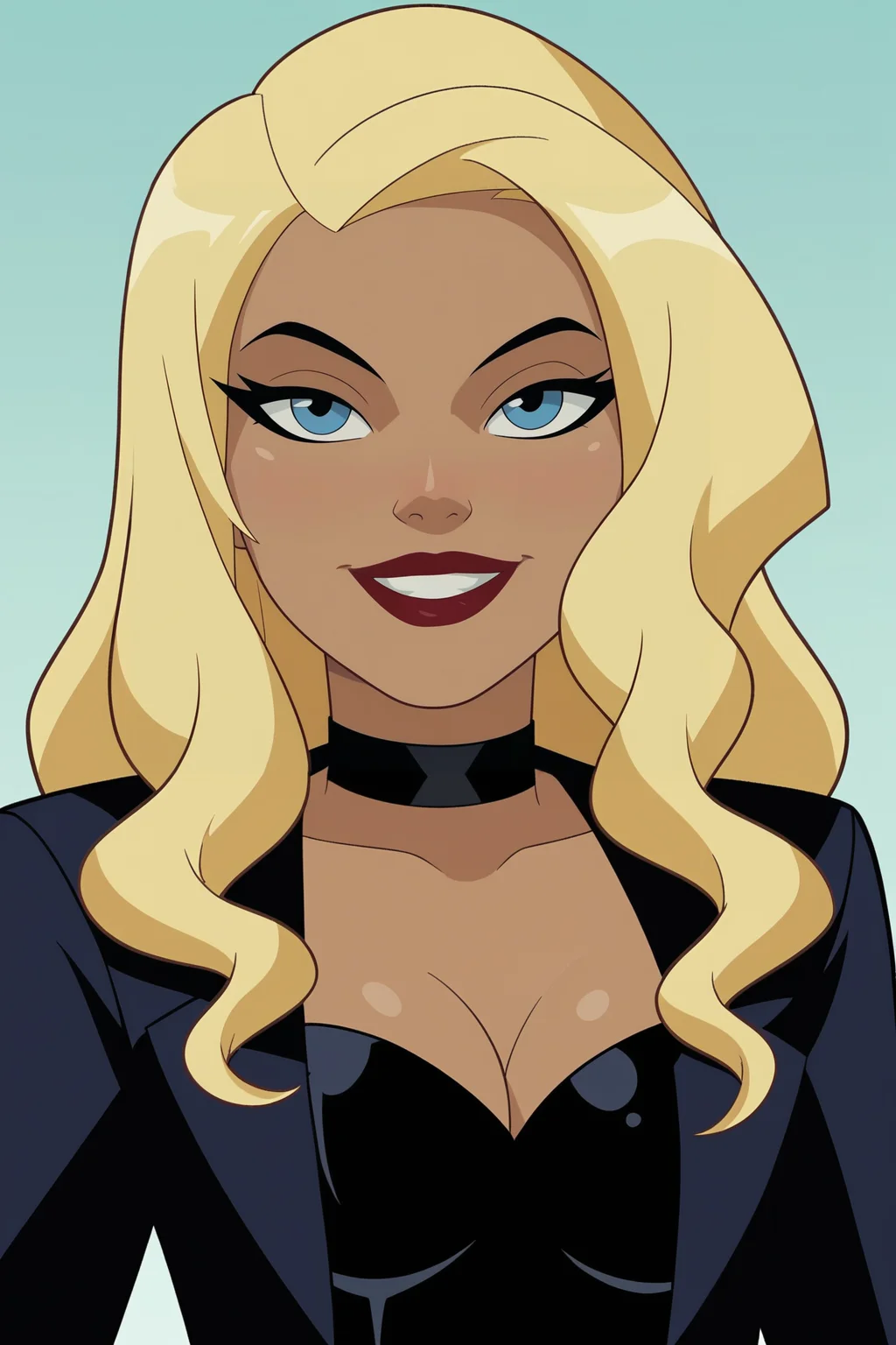 score_9, score_8_up, score_7_up, score_6_up, score_5_up, score_4_up, BREAK, <lora:Black_Canary-000005:.7>, 1girl, Black Canary, DC Comics, blonde hair, blue eyes, close-up, choker, smiling