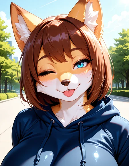 masterpiece, best quality, very aesthetic, absurdres,
outdoors, 
upper body, head tilt, one eye closed, tongue out, face focus,
hoodie, 
seductive smile, parted lips, long eyelashes,
<lora:Hana_v01_NAIXL:1>
H4n4,1girl,solo,furry,furry female,plump,fox girl,fox ears,short hair,brown hair,blue eyes,snout,animal nose,body fur,two-tone fur,orrange fur,white fur,