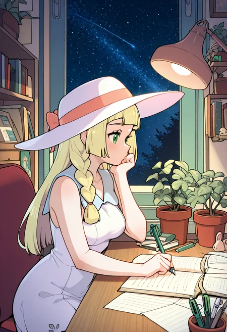 masterpiece, best quality, medium breasts, (curvy), BREAK, zzLillie, long hair, braid, sun hat, white headwear, collarbone, sleeveless dress, white dress, <lora:LilliePokemonIXL:1.0>,zzLofi, sitting, side view, desk, chair, book, bookshelf, head rest, holding, holding pen, lamp, night, open book, pen, plant, potted plant, sky, star (sky), starry sky, window, windowsill, writing, , <lora:LofiGirl_Style_IXL:1.0>,