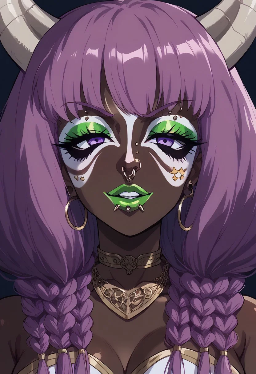 Score_9,score_8_up,score_7_up,score_6_up,source_anime,detail,1girl,solo,neon glow,hoop earrings,dark-skinned female,ggr,(jet-black skin:1.2) BREAK (yamanba, white facepaint makeup:1.3),(face stickers,star stickers, heart stickers,), eyeshadow, very dark skin, (glitter, long thick eyelashes),(green makeup), green lips, (wide lips:1.1), long nails, BREAK
aura the guillotine, long hair, purple eyes, purple hair, braid, horns, twin braids,skirt, thighhighs, gloves, choker, black gloves, elbow gloves, ((jet-black skin)) BREAK
((ExtrFacePiercing:1.8)), (Big breast:1.4), (Round breast:1.5), BREAK
(indoors:1.1),(morning:1.2), (upper body:1.2),Dutch Angle Shot, (dynamic pose:1.2), face focus, eyes focus, BREAK
sitting, BREAK
Expressiveh, horny face, (half-closed eyes:1.3), evil smile, BREAK
OverallDetail,Frontlight,