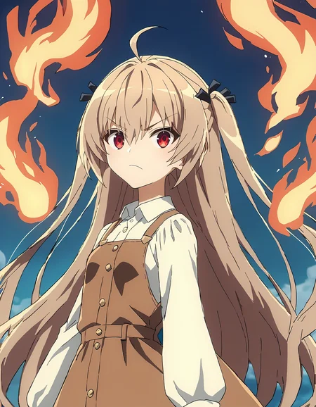 score_9, score_8_up, score_7_up, score_6_up, score_5_up, score_4_up, source_anime, <lora:ATRI_T1V1:0.85>, <lora:sdxl_lightning_8step_lora:1>, 
1girl, solo, anime screencap,
ATRI_T1V1, light brown hair, very long hair, two side up, hair between eyes, ahoge, red eyes, small breasts, 
hair black ribbon, eyes visible through hair, floating hair, 
fire, aura, 
looking at viewer, v-shaped eyebrows, frown,