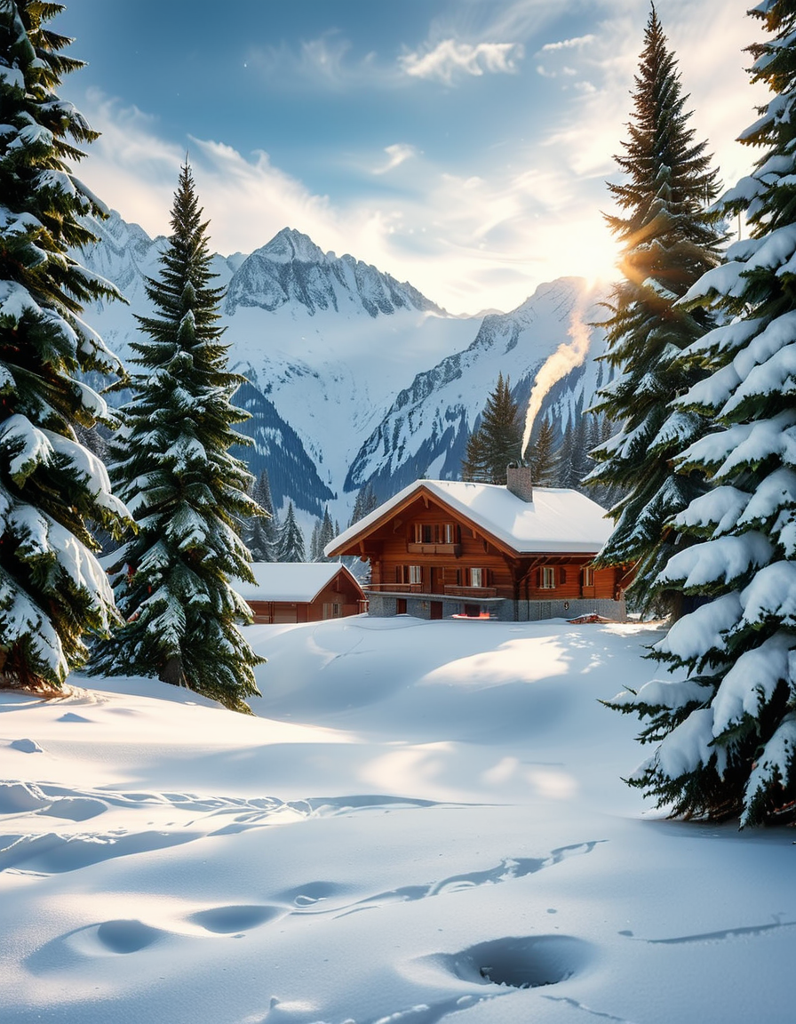 A cozy wooden chalet nestled in a serene winter landscape, surrounded by tall, snow-covered pine trees. Warm golden lights glow from the chalet's windows, contrasting with the crisp, cold air of the snowy evening. A thick layer of fresh snow blankets the ground, with a few footprints leading to the wooden front door. Smoke gently rises from the chimney, suggesting a warm fire inside. The sky is a soft twilight blue, with the first stars beginning to appear. In the foreground, a wooden fence partially covered in snow adds to the rustic charm. A small stack of firewood is neatly arranged near the entrance. The atmosphere is peaceful and inviting, evoking a sense of warmth and solitude in the midst of nature. The art style is hyper-realistic with soft lighting and high detail, emphasizing the texture of the wood, snow, and trees.
<lora:SDXLFaeTastic2400:0.4> <lora:extremely_detailed:0.4> extremely detailed, <lora:winter_l4ndsc4p3:1>,winter l4ndsc4p3, Masterpiece,best quality,hi res,8k,hi res,8k,award winning,(sharp focus, intricate, highly detailed),