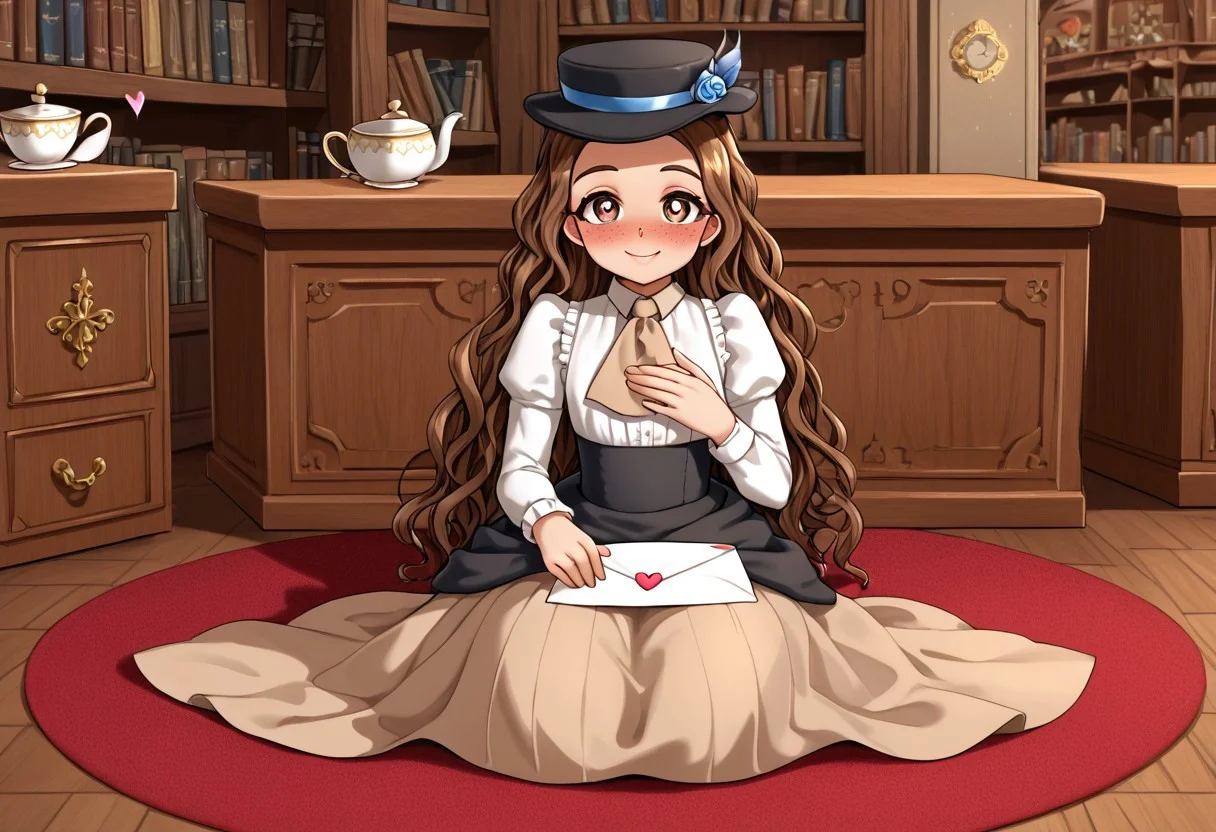high definition 1girl, solo, franimel, dress, long hair untill hips, brown skin, brown eyes, freckles, blushing, hat, beige tie, soft illumination, full body, victorian library, detailed background, night, sitting down on a red carpet, tea cup on floor, old inkwell on floor, old pen on floor, paper sheets lying around, cute smile, look at viewer, sighing, heart-shaped pupils, love letter, holding the letter against chest