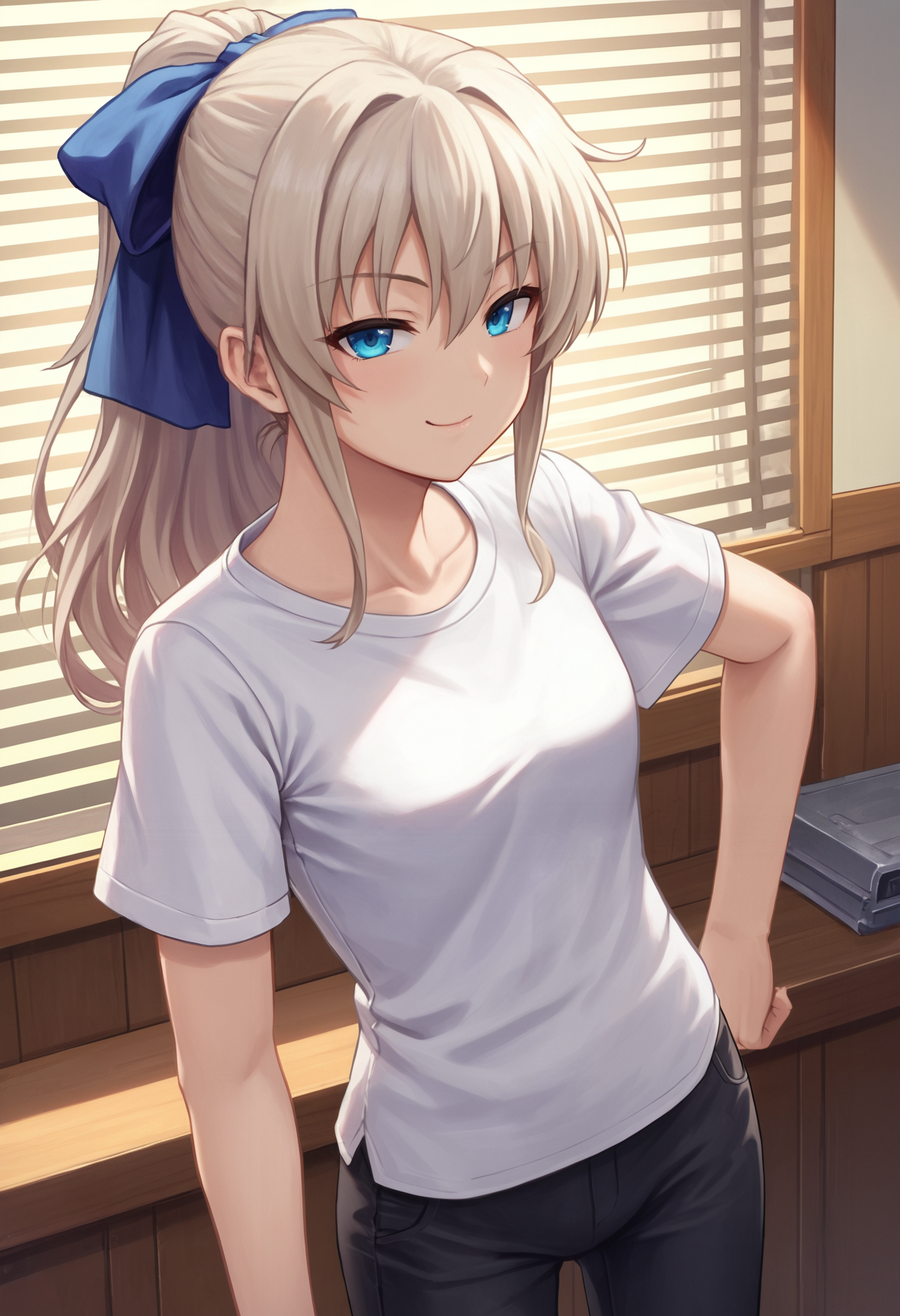 zPDXL, source_anime, cowboy shot,  BREAK
tomori nao, ponytail, hair bow, black pants, white shirt, short short sleeves, 
closed mouth, naughty face,
standing,
indoors   <lora:nao-ponyxl-kohya-006:0.6>