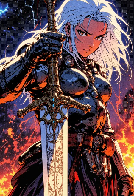 The image is a digital illustration in a detailed, semi-realistic art style with 90s retro fantasy anime. The subject is a fierce female warrior with rain-slicked silver hair, gripping a massive sword adorned with runes. Her sharp, blue eyes reflect the light of distant fires, as she stands ready for battle in a storm. The environment is chaotic, with rain pouring down, wind whipping through her hair, and lightning cracking the sky. The atmosphere is intense and combative, with the rain and light playing off her armor, creating a dramatic contrast between the dark surroundings and her glowing blade. The textures are sharp, with metallic reflections and wet surfaces dominating the scene.  detailmaximizer, mythp0rt, ne0nfant4sy,
