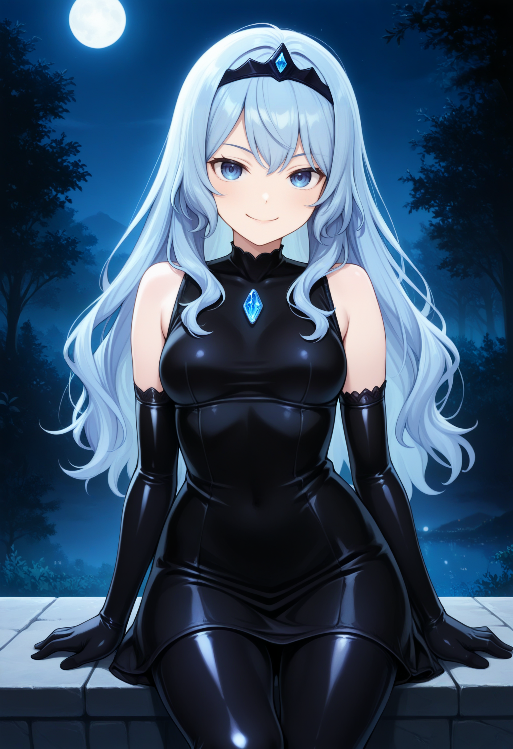 best quality, masterpiece \(quality\),
liselotte cretia,
evil smile, closed mouth, 
1girl, solo,
black latex, sleeveless dress, chest jewel, blue gemstone, leggings, elbow gloves, tiara,
cowboy shot, sitting, 
night, full moon,  outdoors, 
<lora:faux-liselotte-cretia-mixed4-noobv-lora-rank128a32-adaf-attn-2024-12-29_18-48-28-save-660-3-0:0.6> <lora:latex-fantasy-noobvpred-v15mk2-step10560-rank256:0.8>