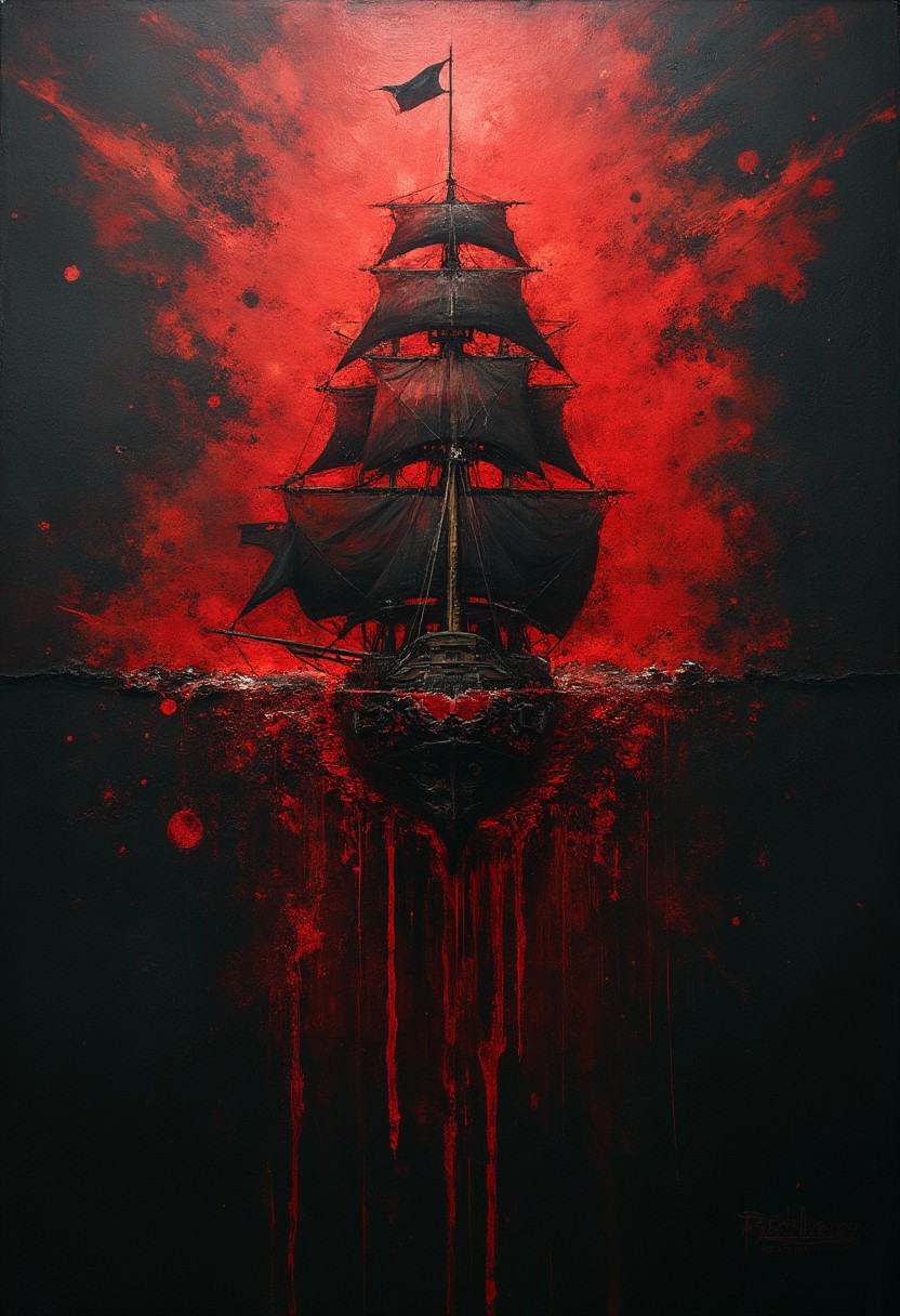 A 17th century Spanish Red Galleon cruises trough the void of a ink, the Galleon is cover in bright black decors, in sails of the ship are famous Goya’s paintings. The mood of the scene has an atmosphere of danger. The overall of the piece is a fever dream of a painter going insane. The piece looks 17th paint that evokes madness, contrast and unworldliness.