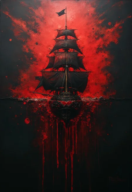 A 17th century Spanish Red Galleon cruises trough the void of a ink, the Galleon is cover in bright black decors, in sails of the ship are famous Goya’s paintings. The mood of the scene has an atmosphere of danger. The overall of the piece is a fever dream of a painter going insane. The piece looks 17th paint that evokes madness, contrast and unworldliness.