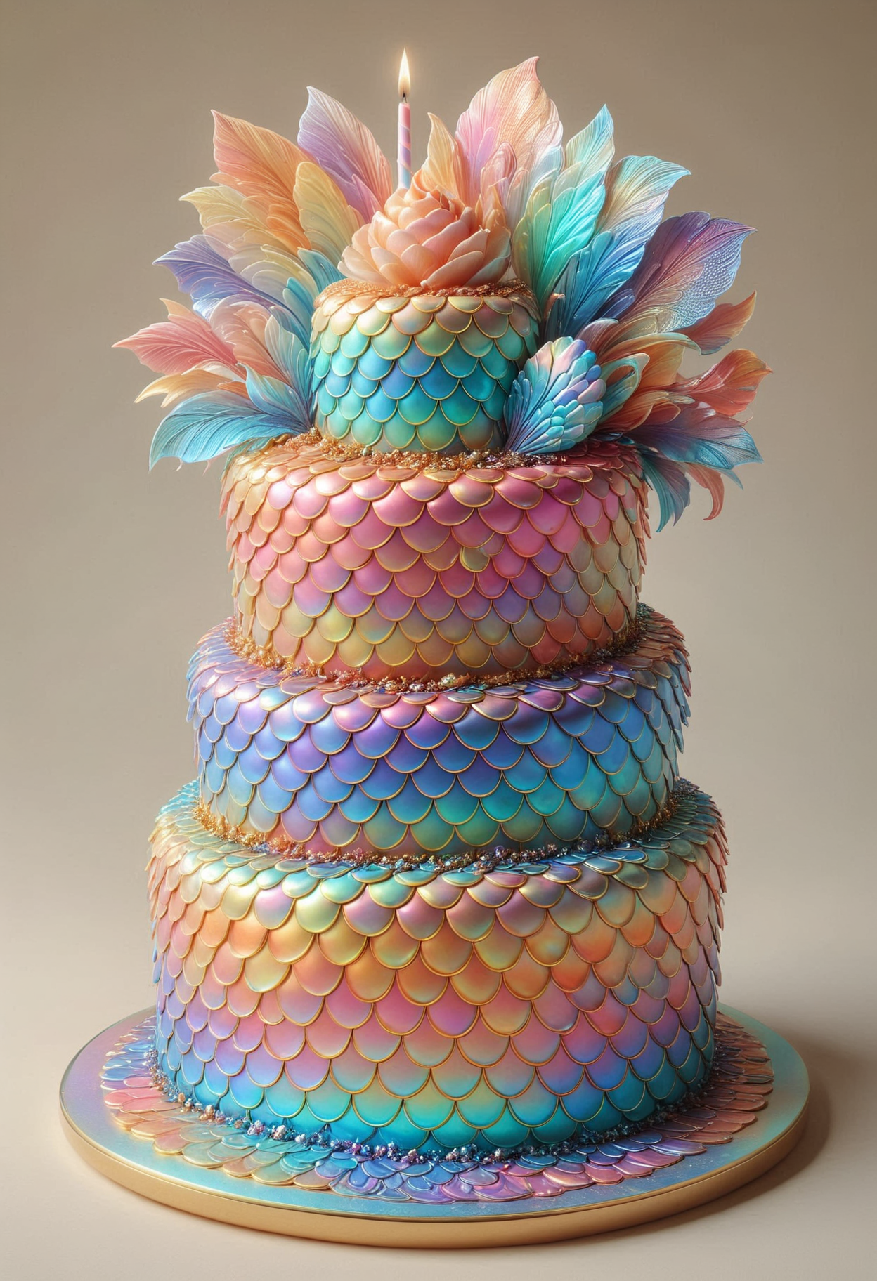 a colorful birthday cake, amazing details, highly detailed, highest quality, perfect composition, great composition, beautiful detailed, supreme quality color intricate, best, elaborate made out of iridescent scales, <lora:PinkieIriSclsSDXL-v1:1>, p1nk1r1sc4l3s,