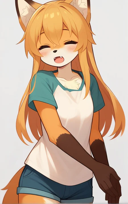 score_9, score_8_up, score_7_up,score_6_up,score_5_up, source_furry, source_cartoon, 1girl, solo, cub, animal ears, long hair, furry female, furry, tail, closed eyes, fox girl, fox tail, fox ears, happy mouth, happy eyebrow, shirt, white background, looking at viewer, simple background, shorts, fangs, white shirt, blush, cowboy shot, very long hair, short sleeves, brown fur, body fur, short shorts, blonde hair, collarbone, animal nose, bangs, :d, standing, raglan sleeves, animal ear fluff, two-tone fur, hair between eyes, <lora:Kurena_pony_v1:1.2>, krn, <lora:p:0.35>