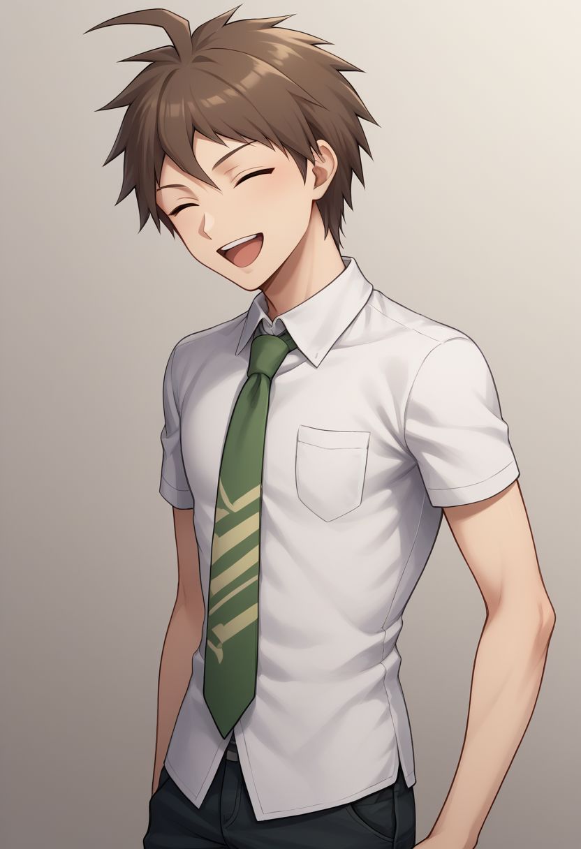 score_9, score_8_up, source_anime, highly detailed, 1boy, solo, skinny,
hinata, 1boy, male focus, solo, necktie, pocket, brown hair, short hair, pants, shirt, breast pocket, bangs, ahoge, short sleeves, 
upper body, closed eyes, open mouth, upper teeth, happy,
indoor,