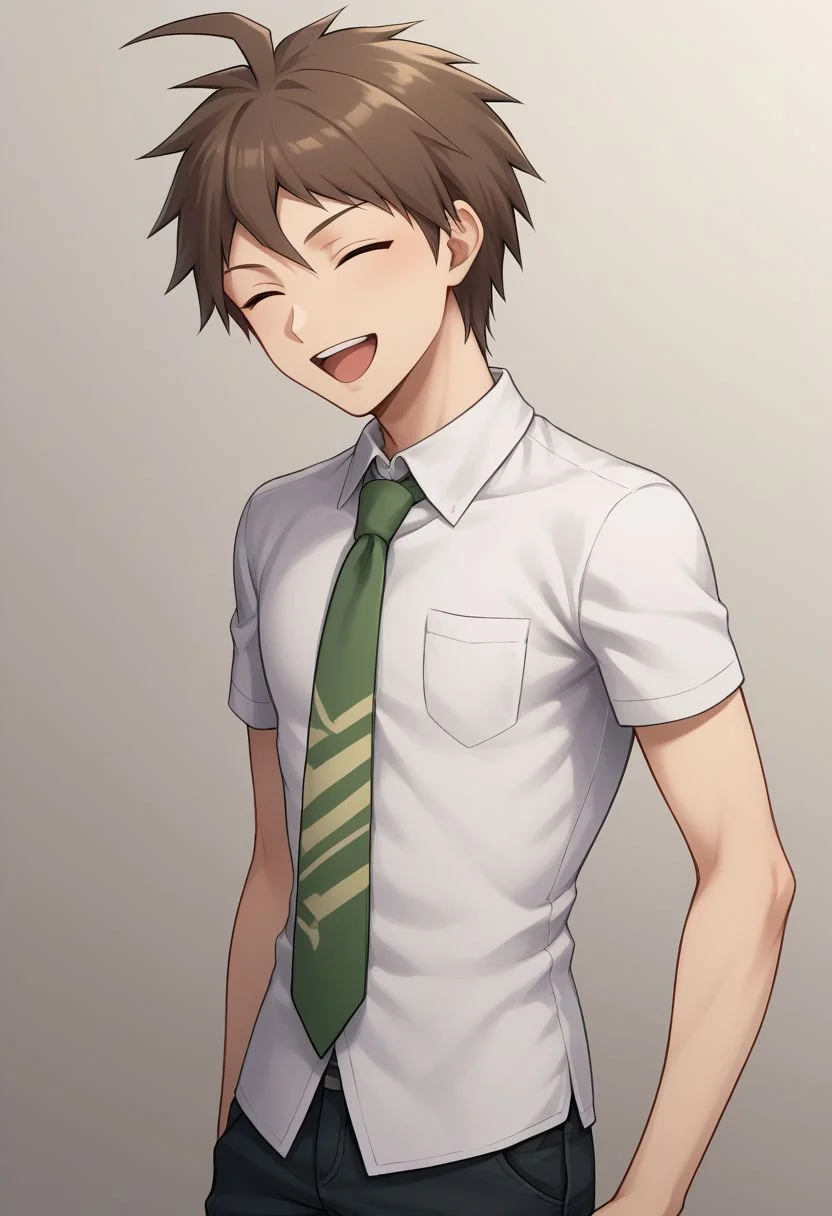 score_9, score_8_up, source_anime, highly detailed, 1boy, solo, skinny,
hinata, 1boy, male focus, solo, necktie, pocket, brown hair, short hair, pants, shirt, breast pocket, bangs, ahoge, short sleeves,
upper body, closed eyes, open mouth, upper teeth, happy,
indoor,