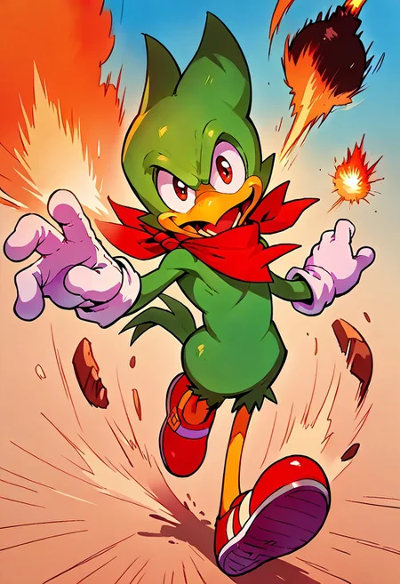 score_9, score_8, score_7, score_6, 1man, solo, furry, anthro, anthro bird, source_cartoon, Bean the Dynamite, red neckerchief, green skin, simple background, full body, portrait, looking at viewer, red shoes, white gloves, open mouth, dynamic pose, explosion background, colorful background,