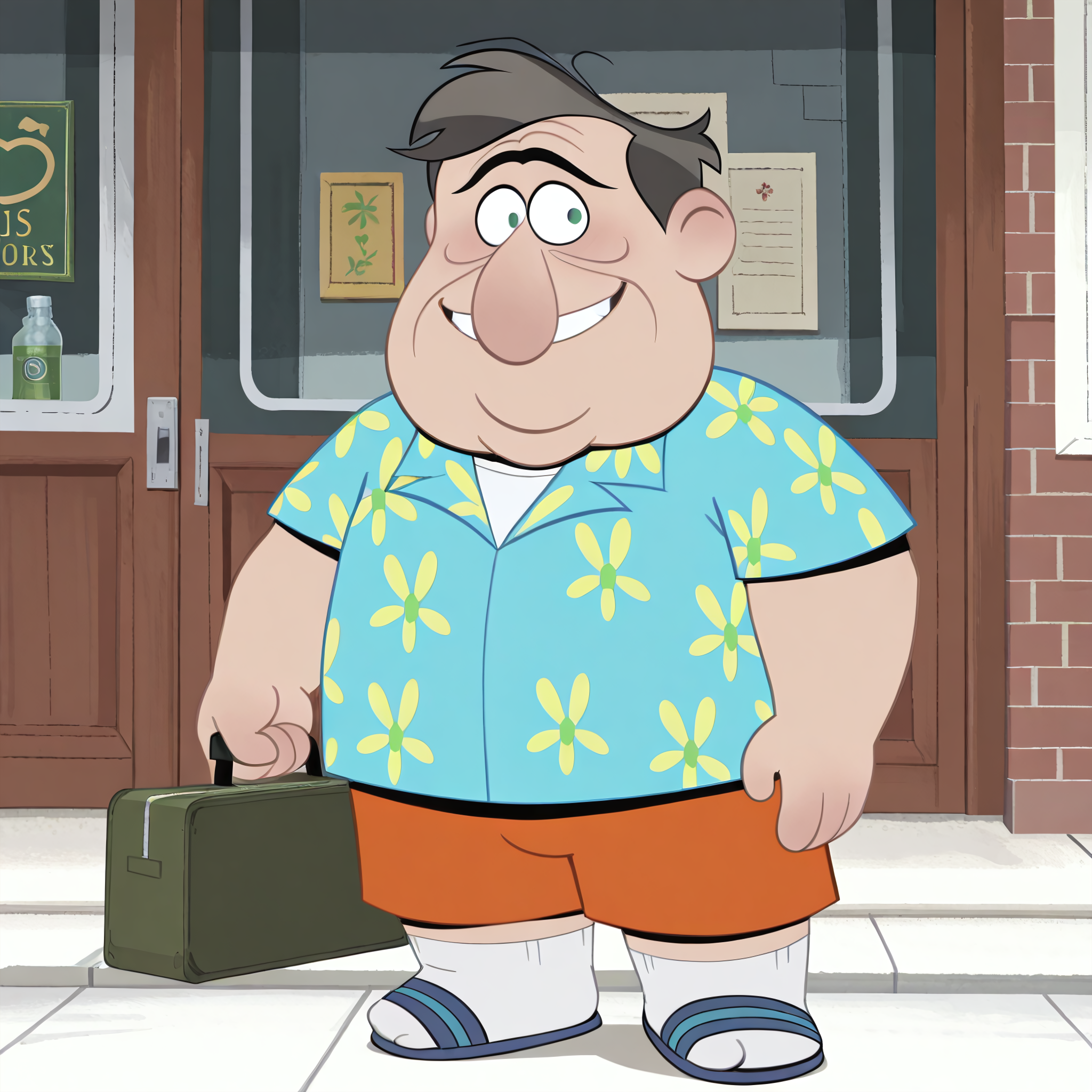 masterpiece, best quality, detailed, solo, todd-m, 1boy, male, mature male, older male, fat man, plump, fat, dark grey hair, big nose, unibrow, age lines, wrinkles, short, green eyes, happy, smile, tropical shirt, vacation wear, orange shorts, socks, sandals, blue sandals, looking at viewer, eye contact, white socks
