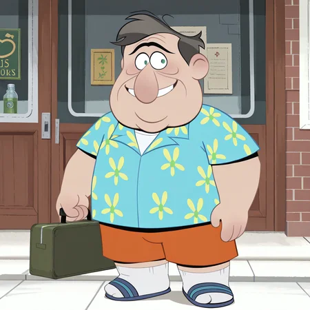 masterpiece, best quality, detailed, solo, todd-m, 1boy, male, mature male, older male, fat man, plump, fat, dark grey hair, big nose, unibrow, age lines, wrinkles, short, green eyes, happy, smile, tropical shirt, vacation wear, orange shorts, socks, sandals, blue sandals, looking at viewer, eye contact, white socks
