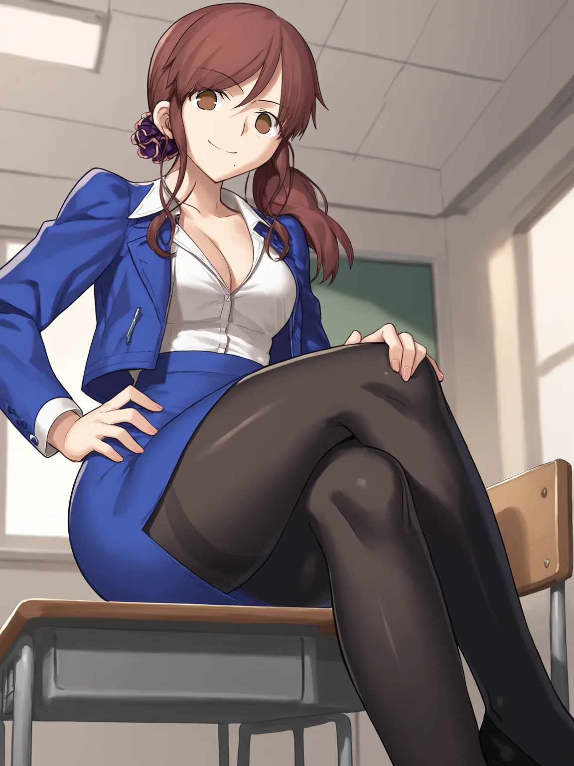 score_9, score_8_up, score_7_up, score_6_up, source_anime, BREAK
detailed face, detailed eyes, 1girl, solo, <lora:Tsukihime_Noel_Aizome_Pony_v1:0.9>, noel_teacher, classroom, (blue jacket, blue skirt:1), hand on hip, (pencil skirt, miniskirt:1.3), collarbone, partially unbuttoned, cleavage, mini skirt, thighs, (black pantyhose:1.3), black pumps, high heels, side ponytail, purple scrunchie, hair scrunchie, hair on shoulder, swept bangs, thicc thighs, smiling, low ponytail, (legs crossed:1.5), from below, (hand on thigh:1.3), looking down at viewer,
