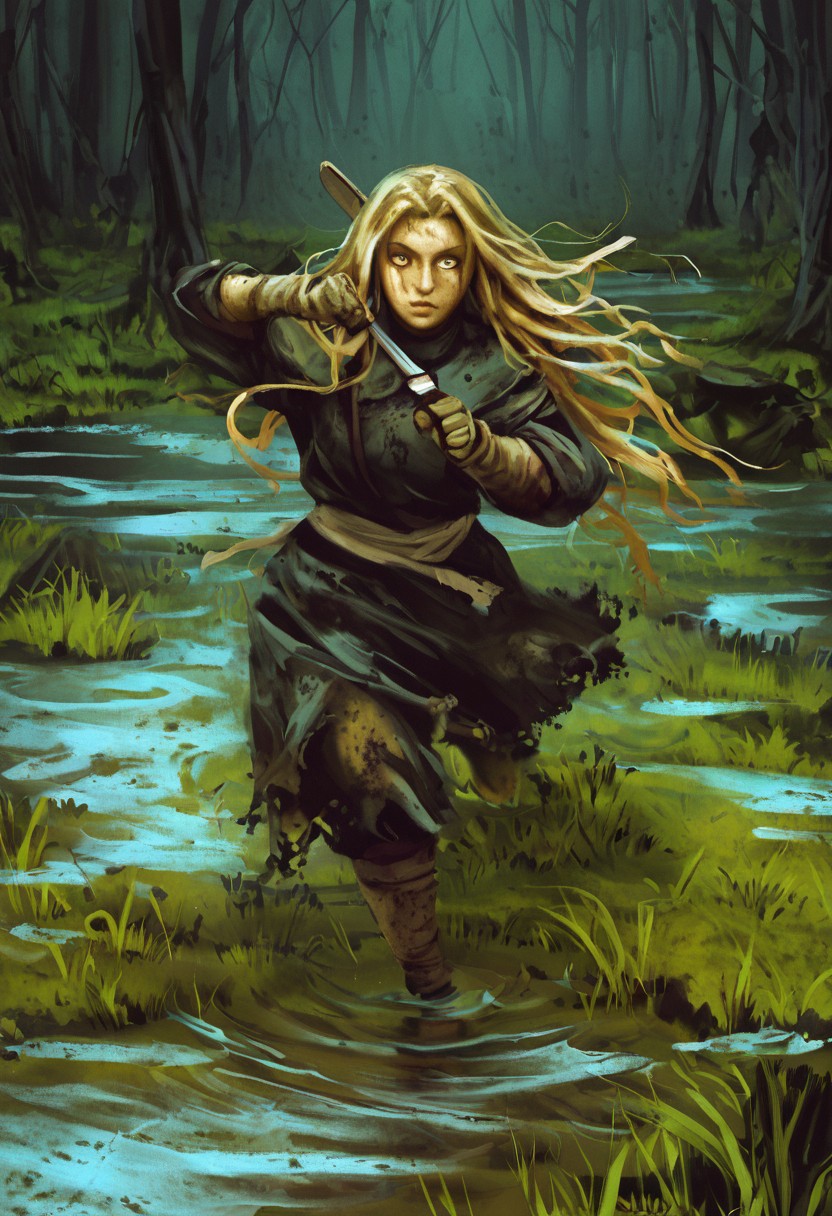 A female knight fighting medusa in a swamp ,oil paint, brush stroke, canvas texture,