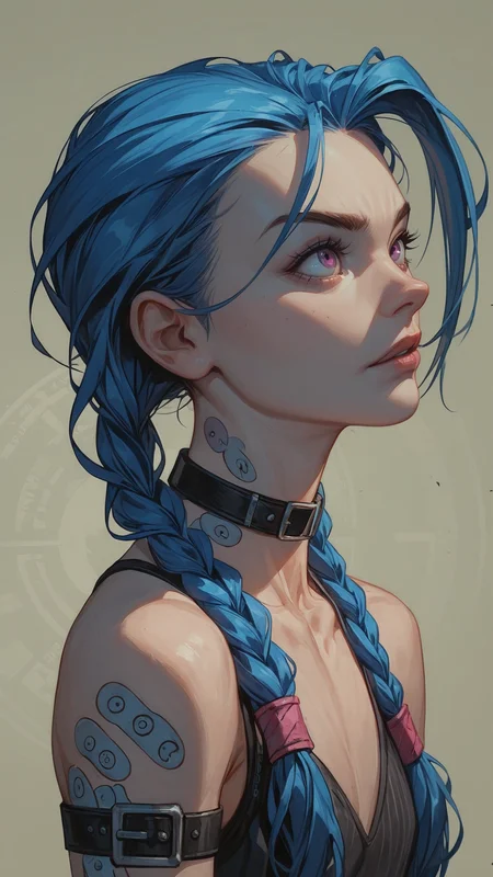 score_9, score_8_up, score_7_up, BREAK, 1 woman, jinx, arcane, character, Detailed, intimate, clear, personal, highly contrasted, excellent composition, advanced cinematic perfect light, highly color focused, very cheeky, dynamic, face focus, looking to viewer