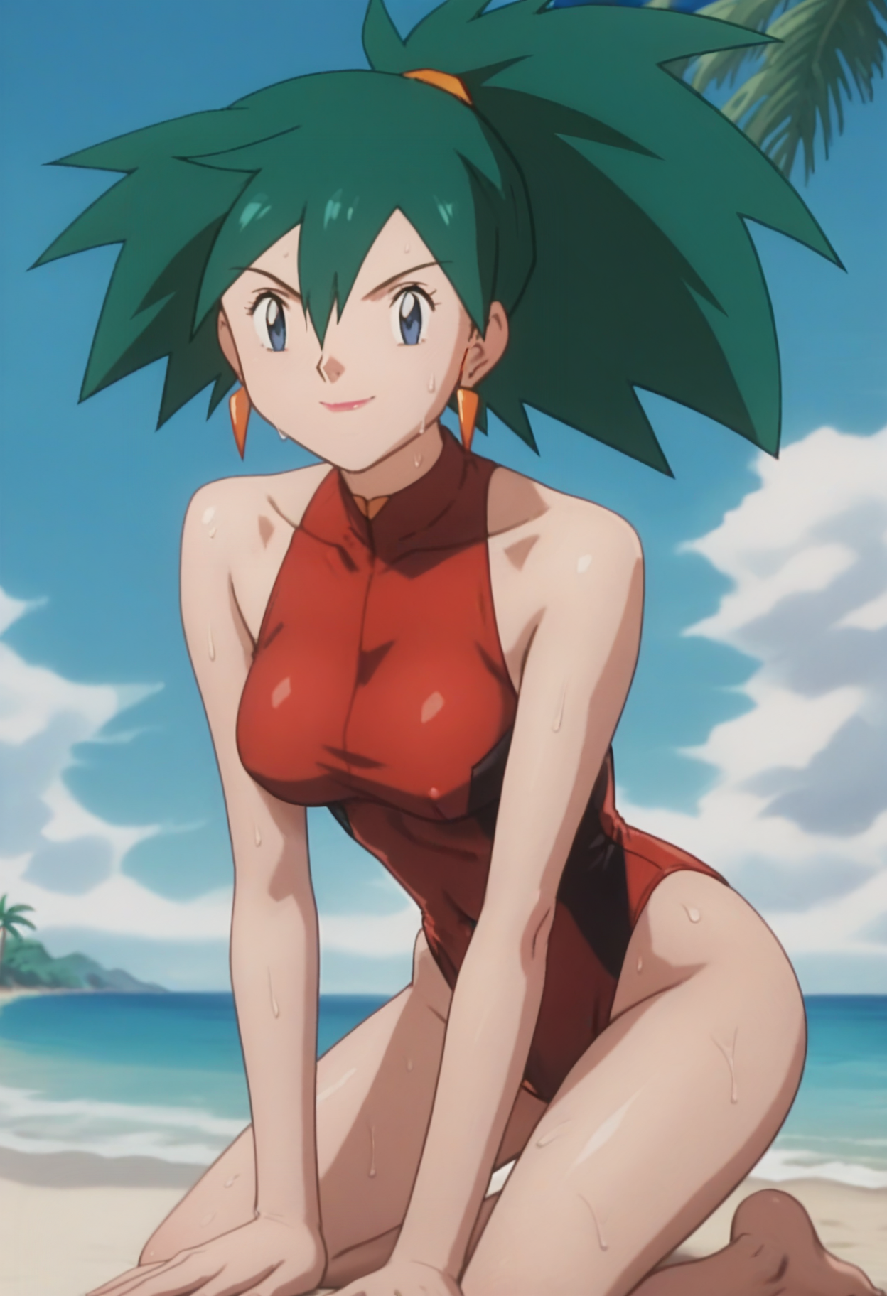 score_9, score_8_up, score_7_up, score_6_up, anime screencap, anime coloring, <lora:PMLiza_epoch_7:0.7>, PMLiza, green hair, blue eyes, orange earrings, bangs, hair between eyes, ponytail, lipstick, breasts,
red one-piece swimsuit, leotard, covered navel, 
kneeling, leaning forward, sweat, wet, seductive smile, closed mouth, 
BREAK, blue sky, day, beach, palm tree,