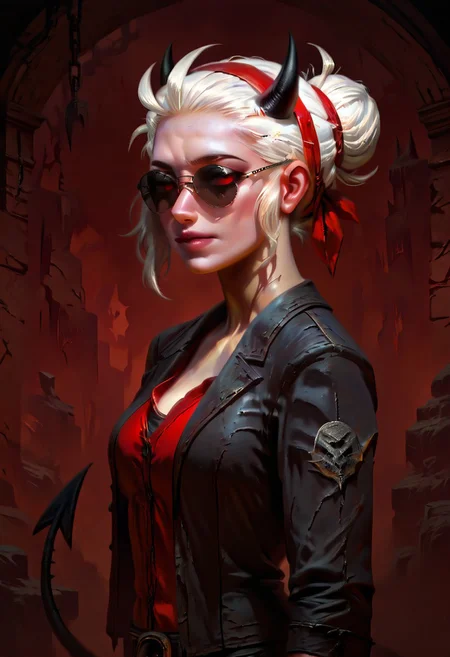 masterpiece, best quality, newest, absurdres, highres, DFOP-V3.0, oil painting, realistic, 1girl, justice_(helltaker), white hair, short hair, hairbun, black horns, demon girl, demon tail, eyes visible through eyewear, black jacket, open jacket, red shirt, sunglasses, tail, red hairband,