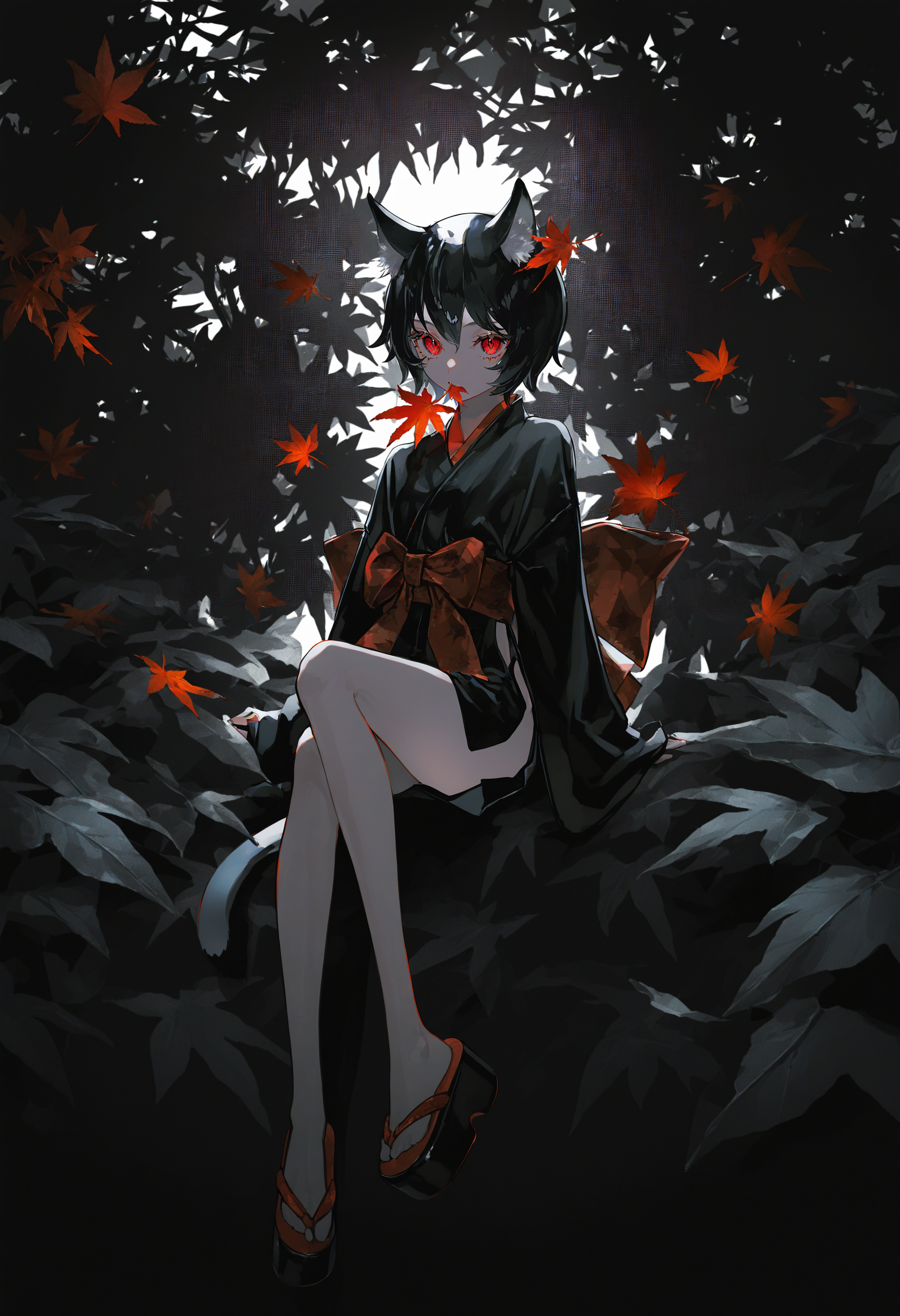 artist:[diyokama|say hana|yoneyama mai|lam \(ramdayo\)],
izutsumi, 1girl, cat girl, cat ears, animal ear fluff, solo, japanese clothes, short hair, short kimono, hip vent, black hair, white hair, black kimono, sitting, red eyes, leaf, autumn leaves, bug, outdoors, maple leaf,
dark, black theme, high contrast, backlighting, spot color,
masterpiece, best quality, very awa, absurdres
<lora:noobai_vpred_1_masterpieces_v1:1>